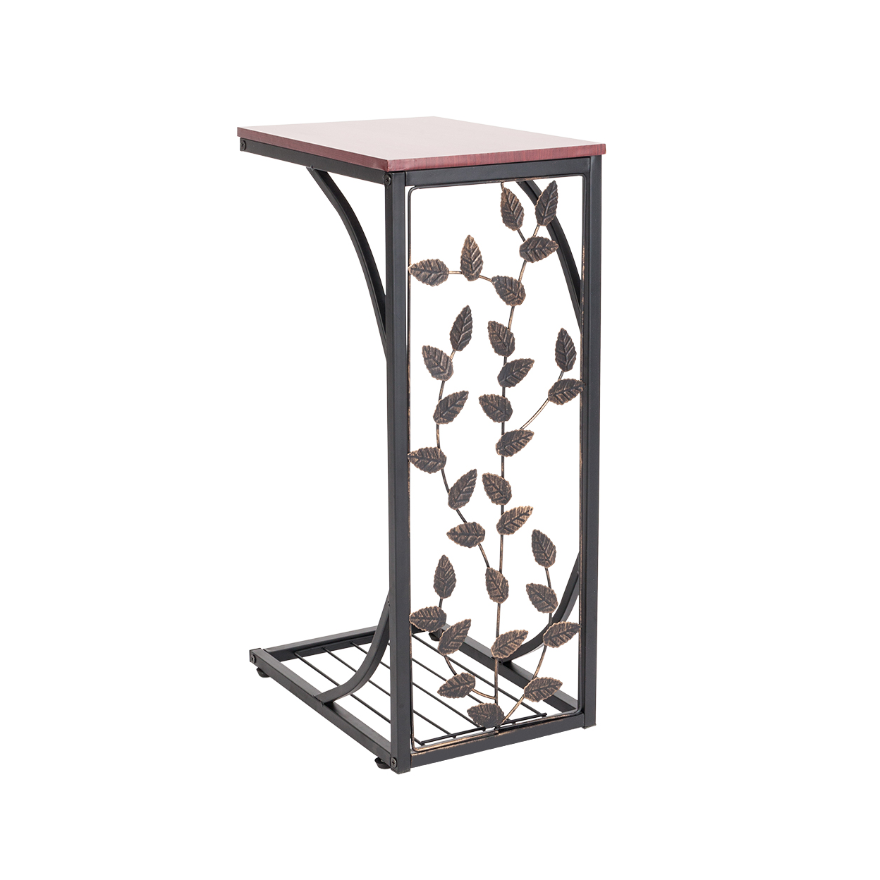 【Same Code：84356574】54*30.5*21CM Leaf Pattern Iron Side Table Coffee Table Brown