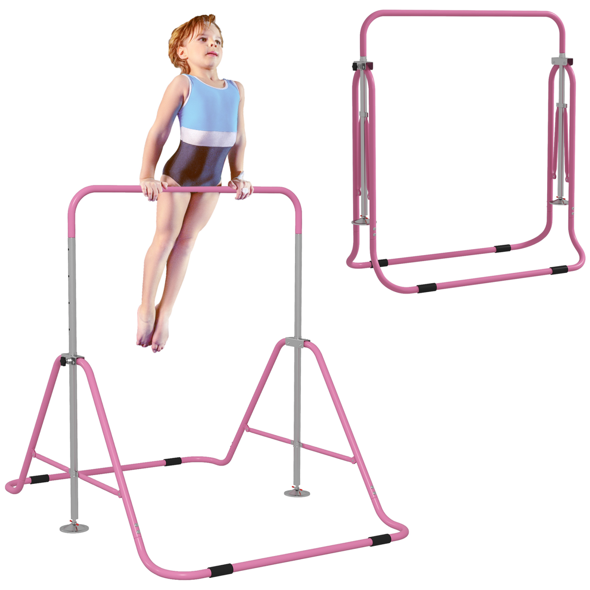 HOMCOM Kids Gymnastic Bar with Adjustable Height, Foldable Training Bar - Pink