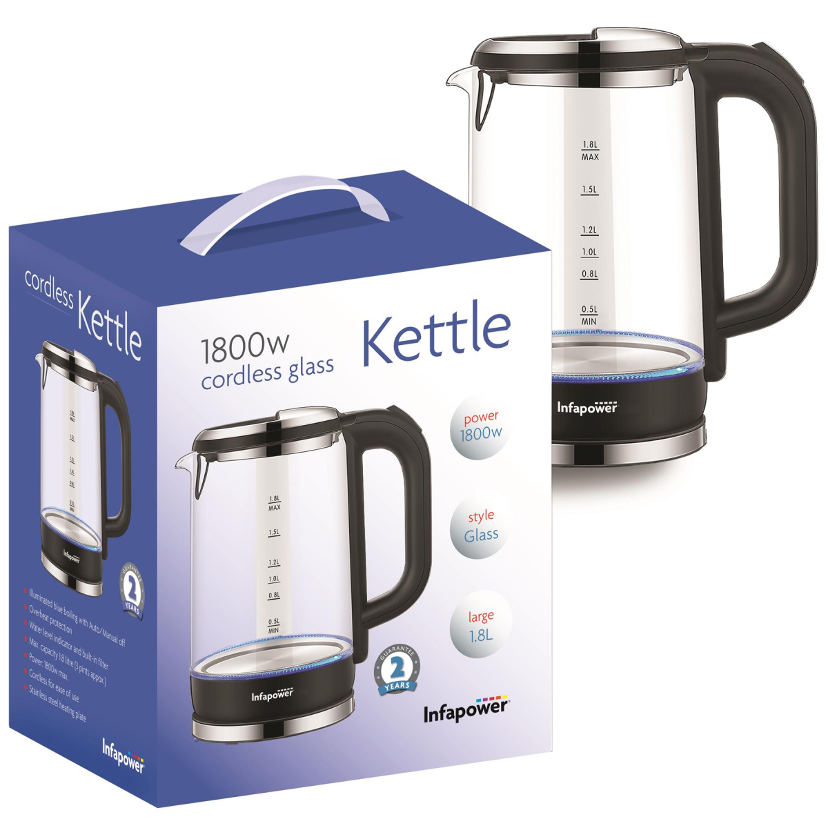 Infapower Glass 1800w 1.7L 360° Cordless Kettle- X507