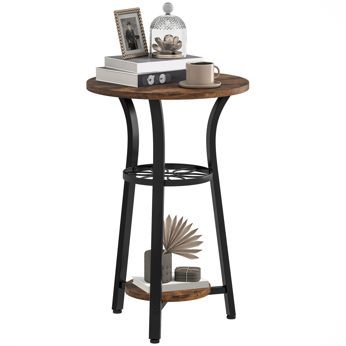 HOMCOM 3-Tier Small End Table Industrial 38 cm Round Side Table Rustic Brown