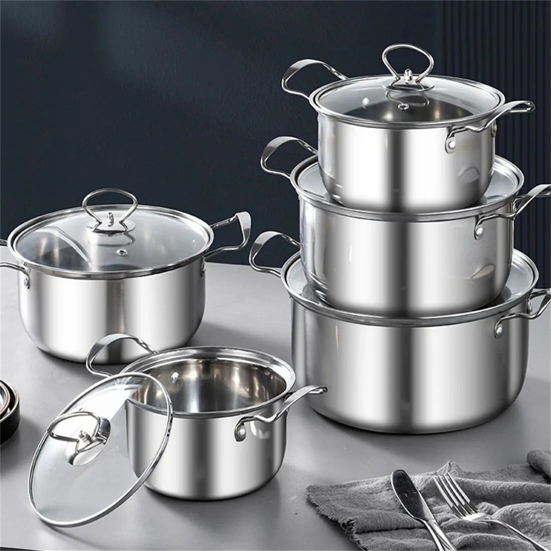 5PCS Induction Non Stick Stainless Steel Cookware Cooking Pot Pan With Lids Set