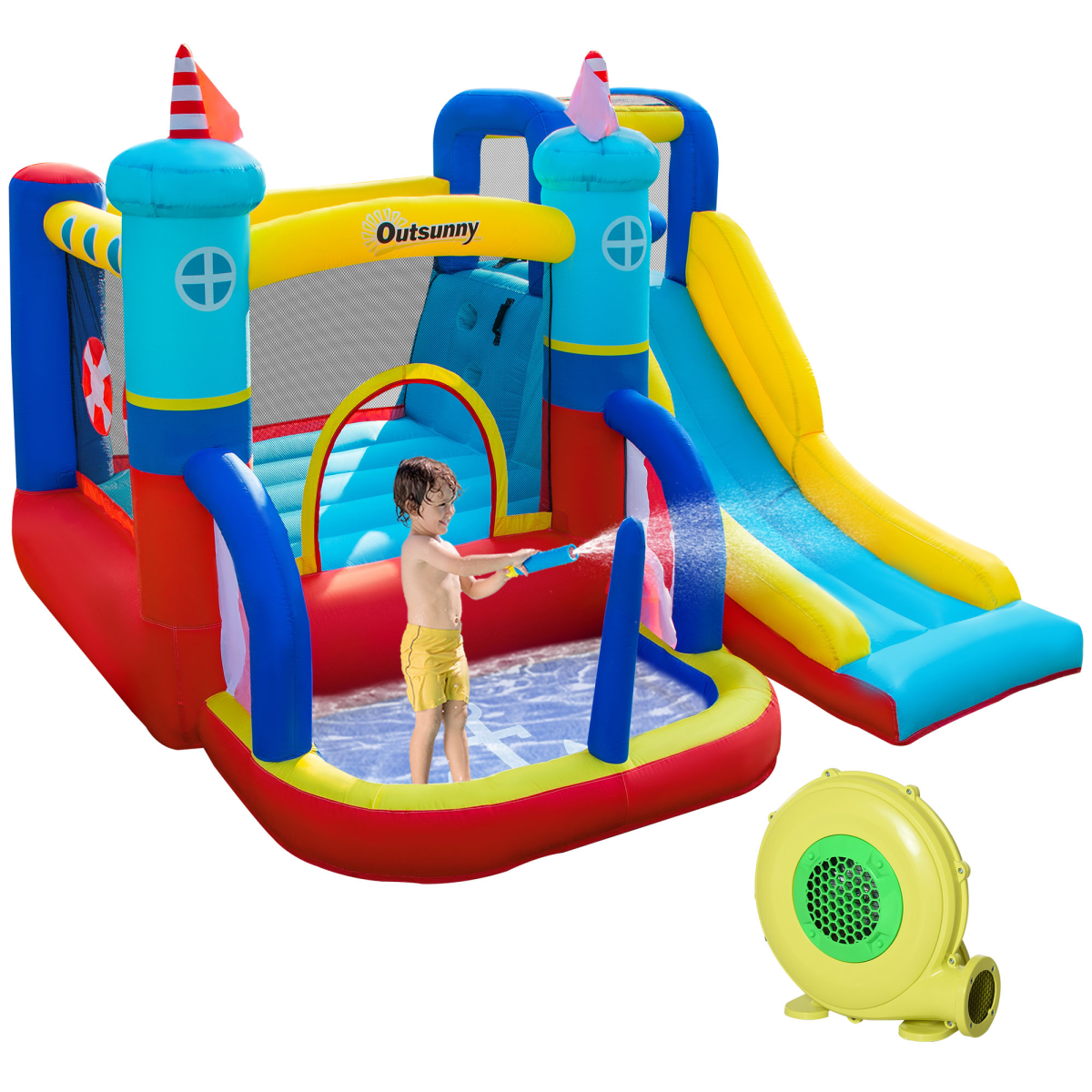 Kids Bouncy Castle with Slide Pool Trampoline Climbing Wall w/ Blower