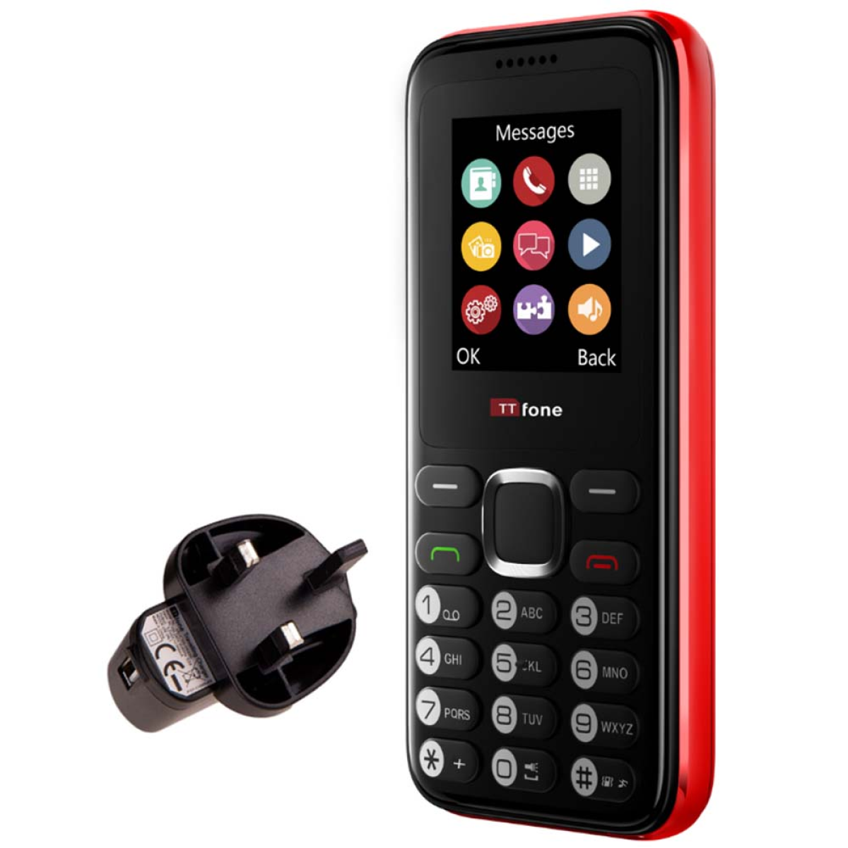 TTfone TT150 Unlocked Basic Mobile Phone UK Sim Free, Long Battery Life, Dual Sim with camera and games, easy to use, durable and light weight pay as you go - Red with Mains Charger and Giffgaff Sim Card