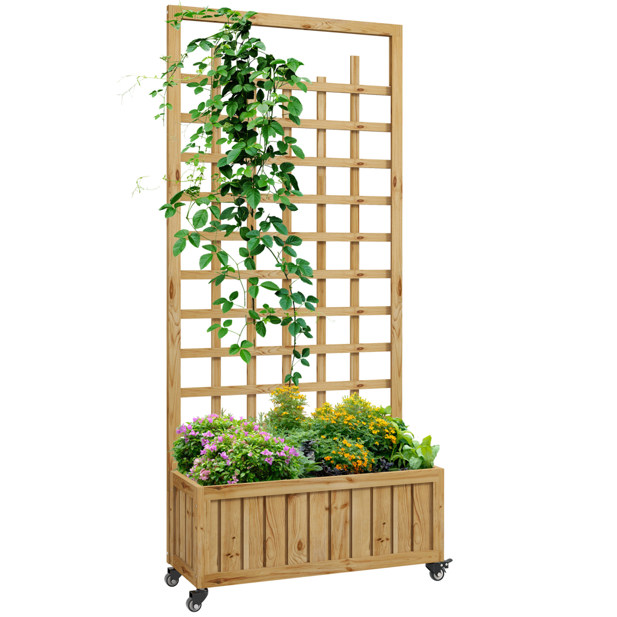 Outsunny Wooden Trellis Planter, Raised Garden Bed with Wheels and Bed Liner