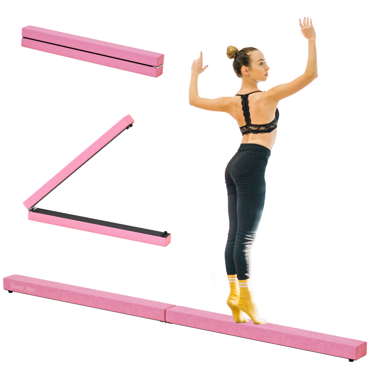 HOMCOM Balance Beam Trainer Fold Performance Gymnastics Suede Pink Home