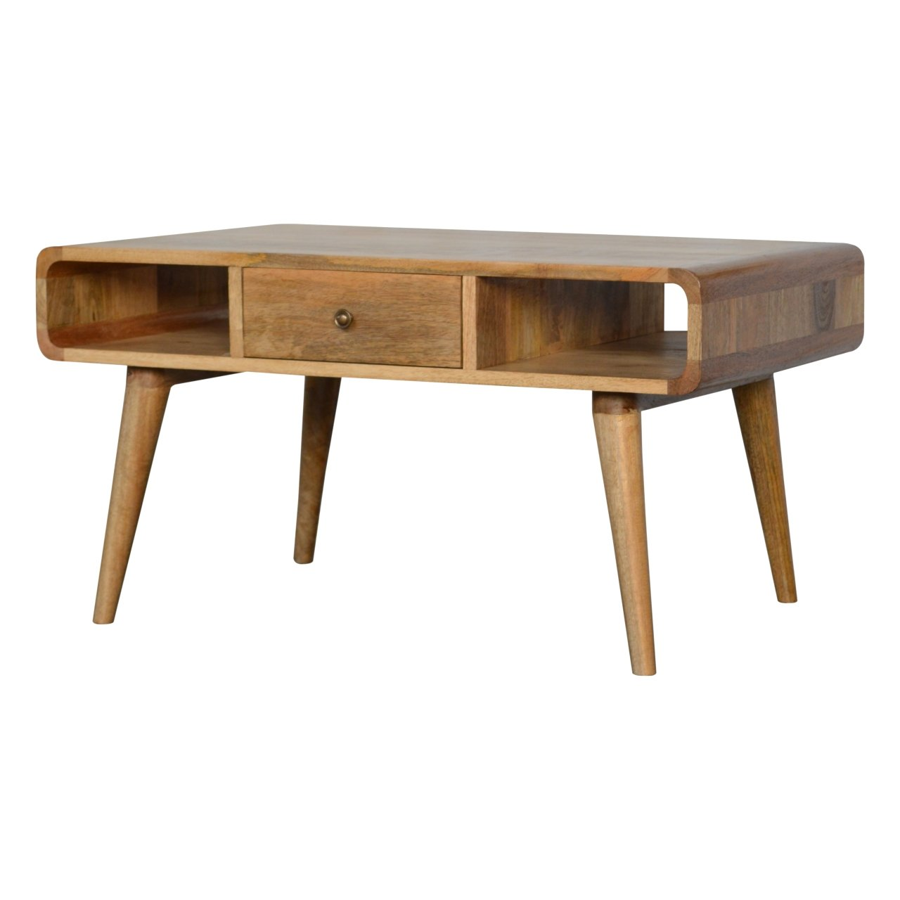 Artisan Furniture Solid Wood Curved Oak-ish Coffee Table, Beige, 2Drawers