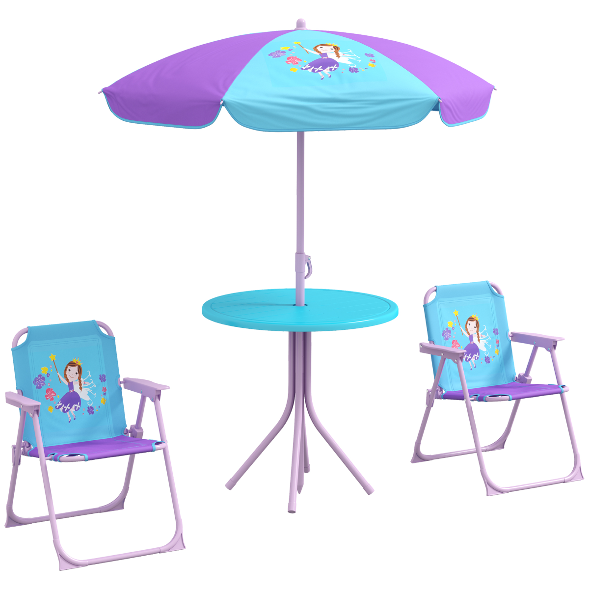 Outsunny Kids Bistro Table and Chair Set with Fairy Theme, Adjustable Parasol