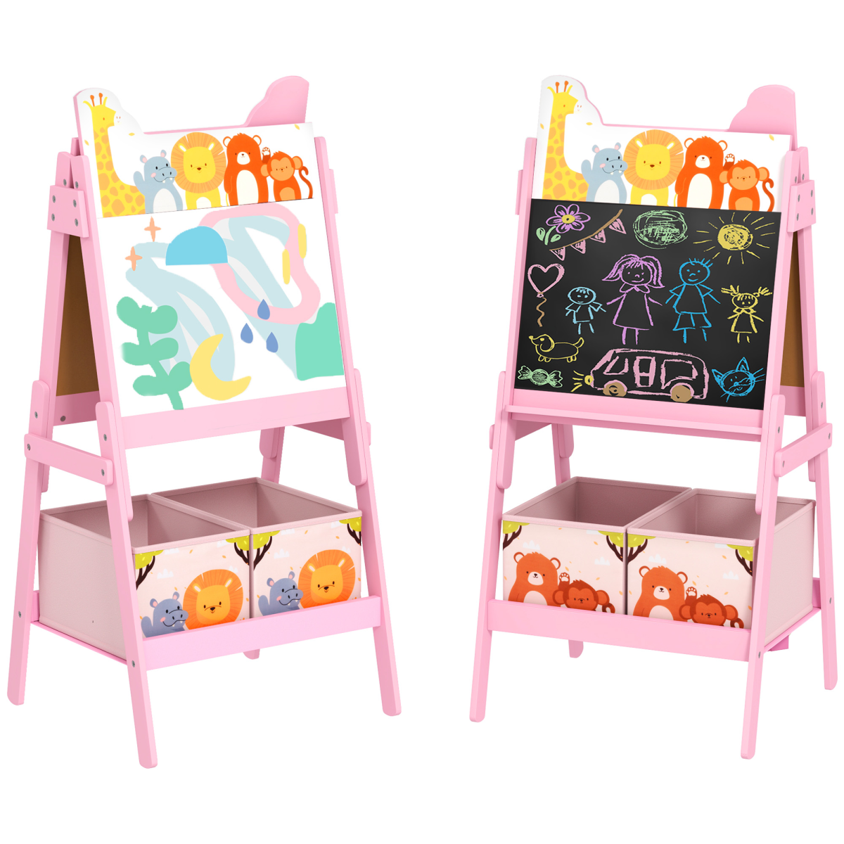 AIYAPLAY 2 in 1 Kids Easel with Whiteboard, Chalkboard, Storage Boxes, Pink