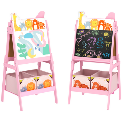 AIYAPLAY 2 in 1 Kids Easel with Whiteboard, Chalkboard, Storage Boxes, Pink