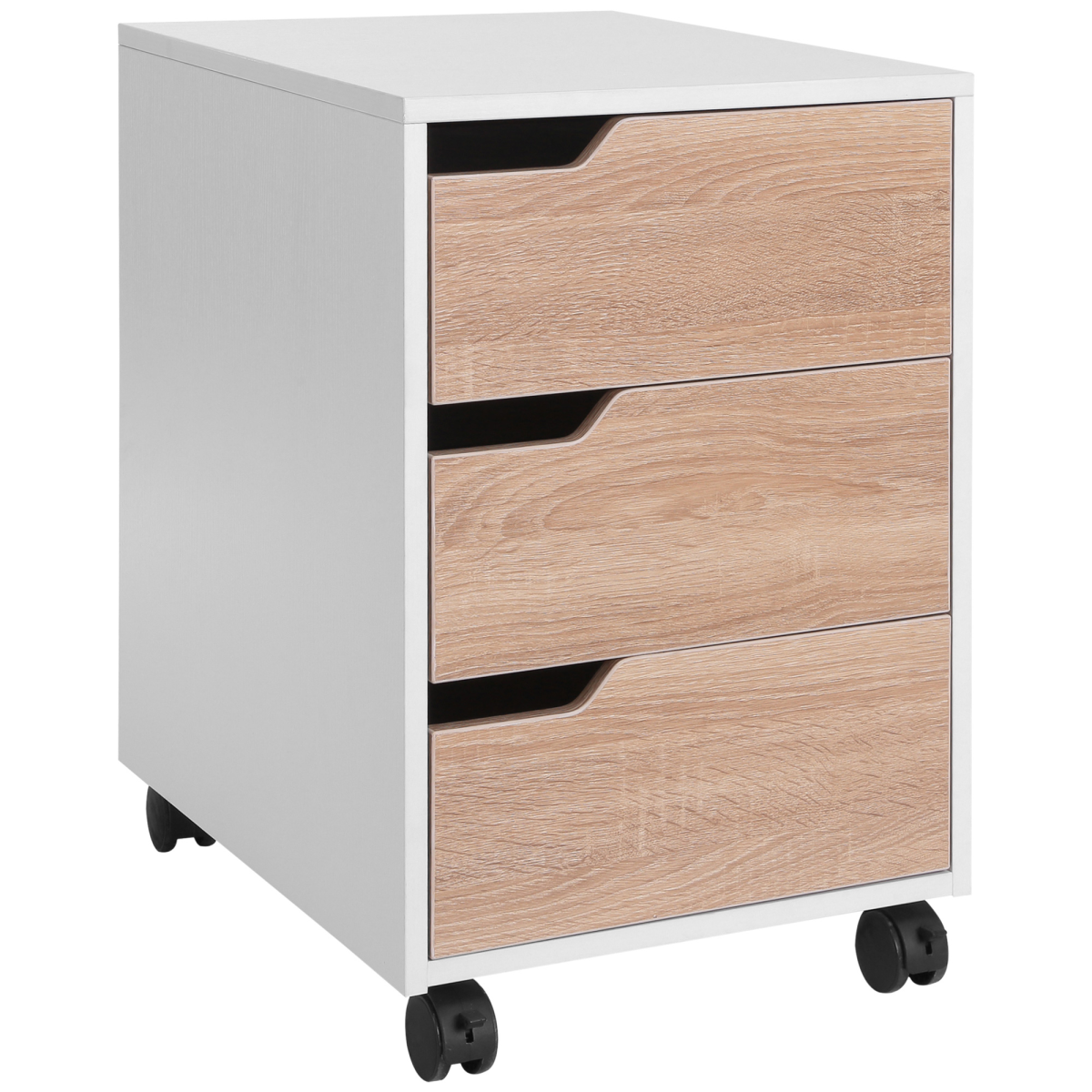 MDF Mobile File Cabinet w/ 3 Drawers Locking Wheels Metal Rails Oak Tone White
