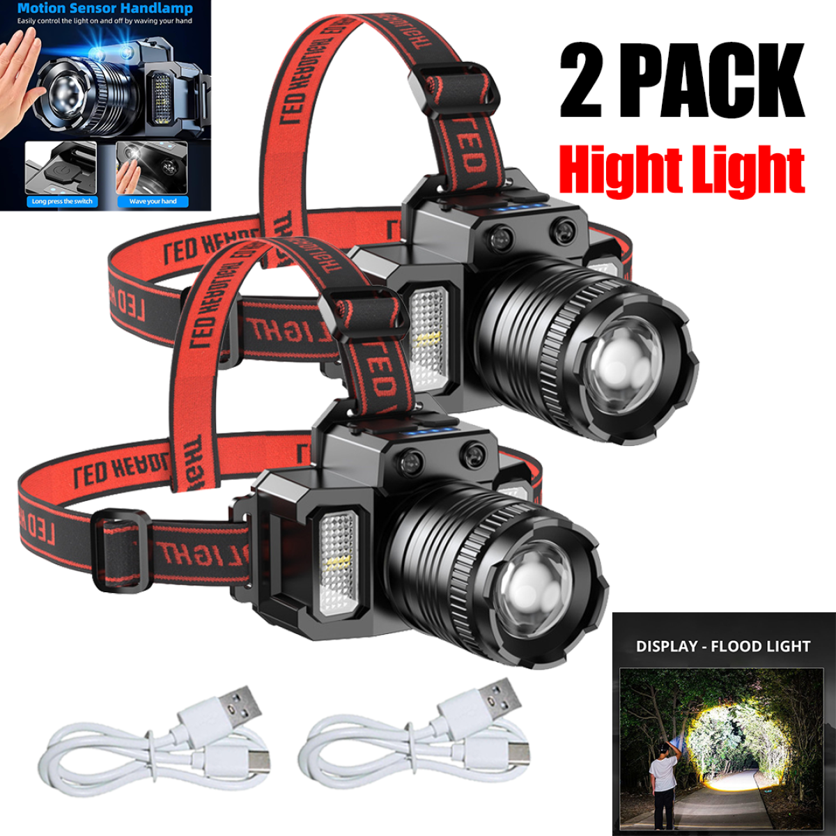 （2 Pack）5-Modes LED Headlamp Motion Sensor Headlamp USB Rechargeable Canping Hiking Headlight