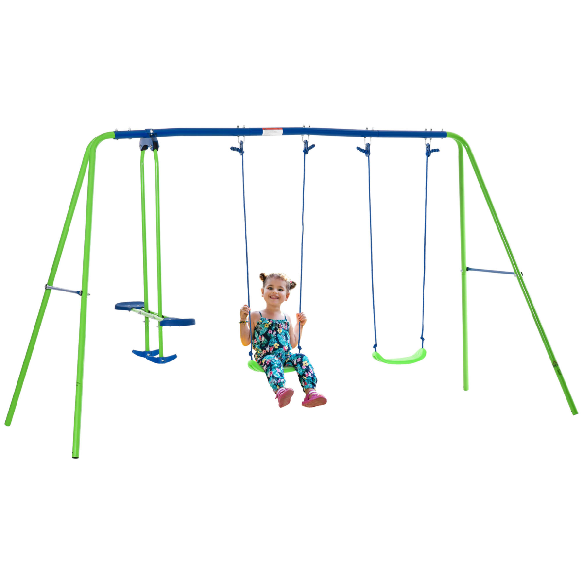 Metal 2 Swings & Seesaw Set Height Adjustable Outdoor Play Set, Green Outsunny