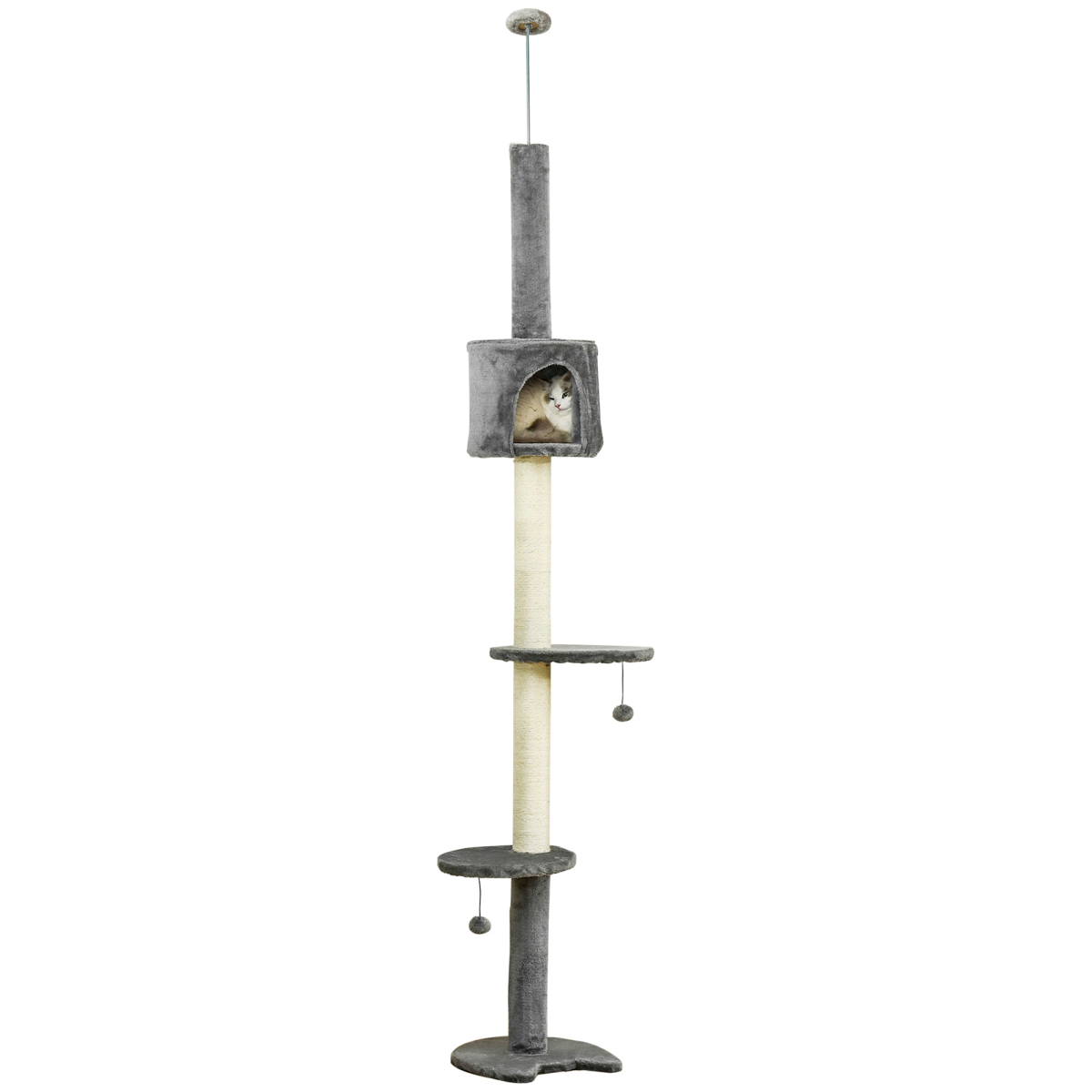 Cat Tree, Multi-Floor Pet Playhouse w/ Solid Scratching Post, Light Grey