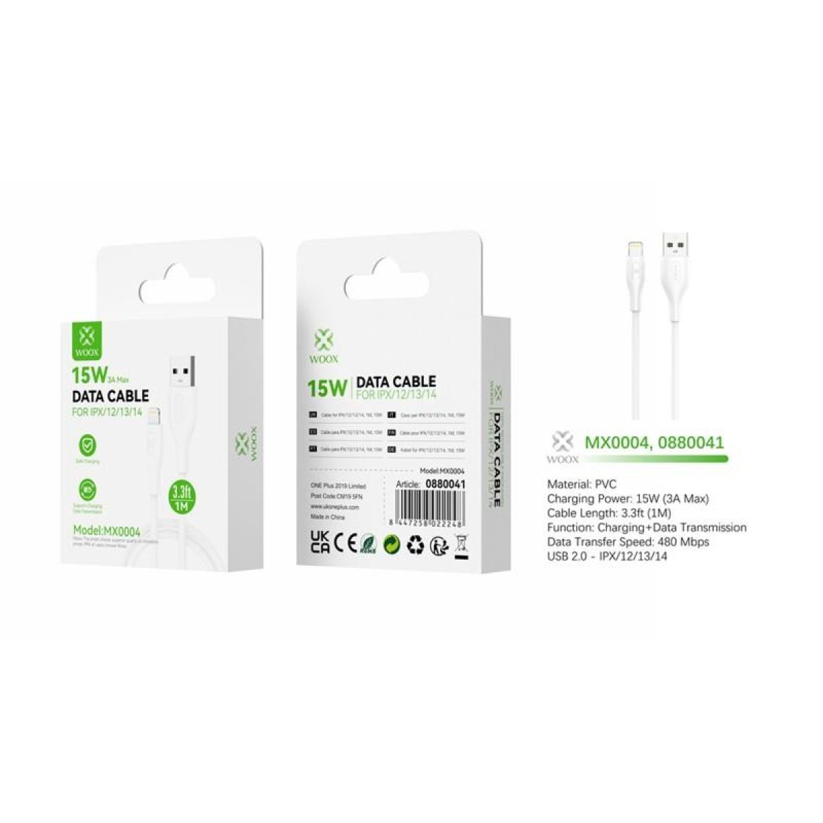 Woox USB to 8 Pin Charging Cable 1M (Pack of 12) £0.50 Each