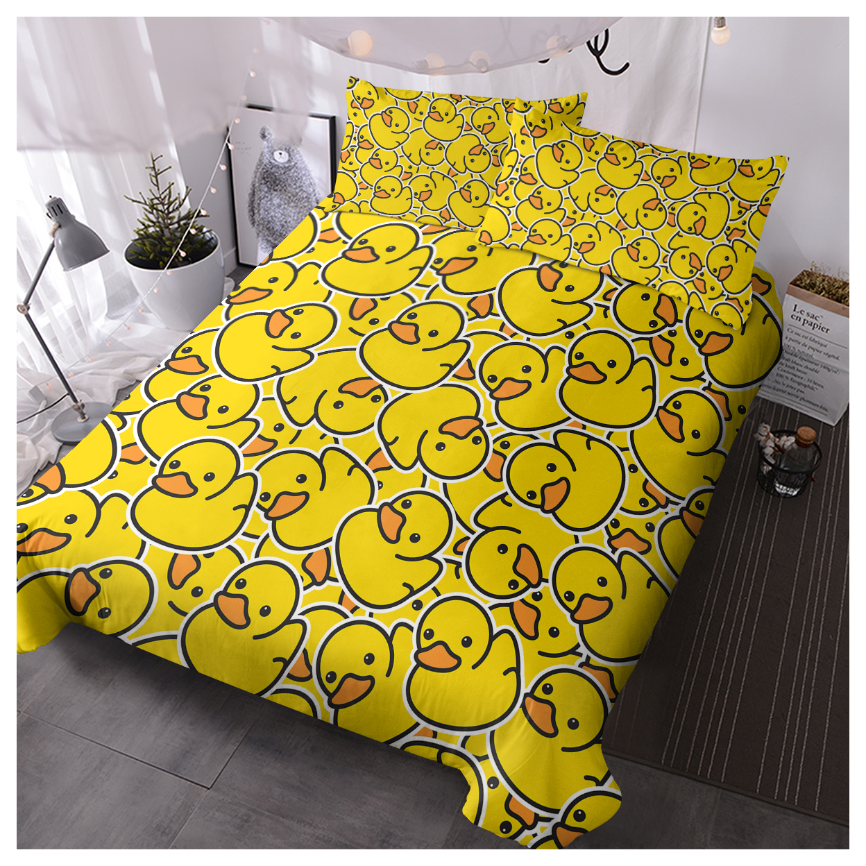 Duck Bedding Yellow Rubber Duck Duvet Cover Sets for Kids 3 Pieces Cute Yellow Duckies Comforter Cover Set Cartoon Duck Gifts for Duck Lovers (Single)