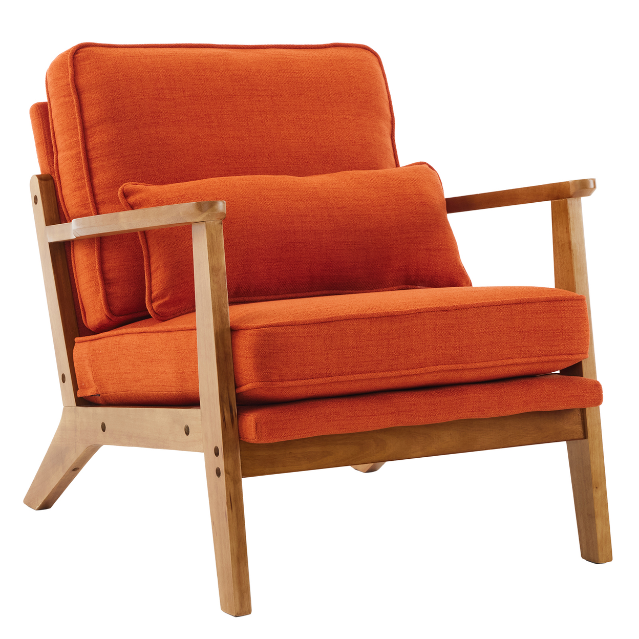 Mid-Century Modern Accent Chair with Wooden Frame - Oak Armrest, Linen-Cotton Burnt Orange Upholstery, Single Seater Lounge Chair for Living Room (Weight Capacity 330LBS)