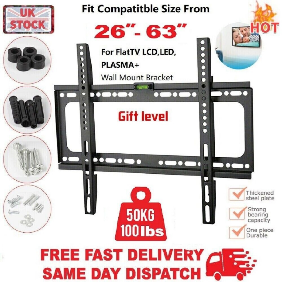 TV WALL BRACKET MOUNT SLIM FOR 26 30 32 40 42 50 63 INCH FLAT 3D LCD LED PLASMA