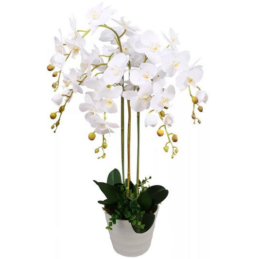 85cm Artificial Deluxe Bush Orchid - White Flowers White Pot