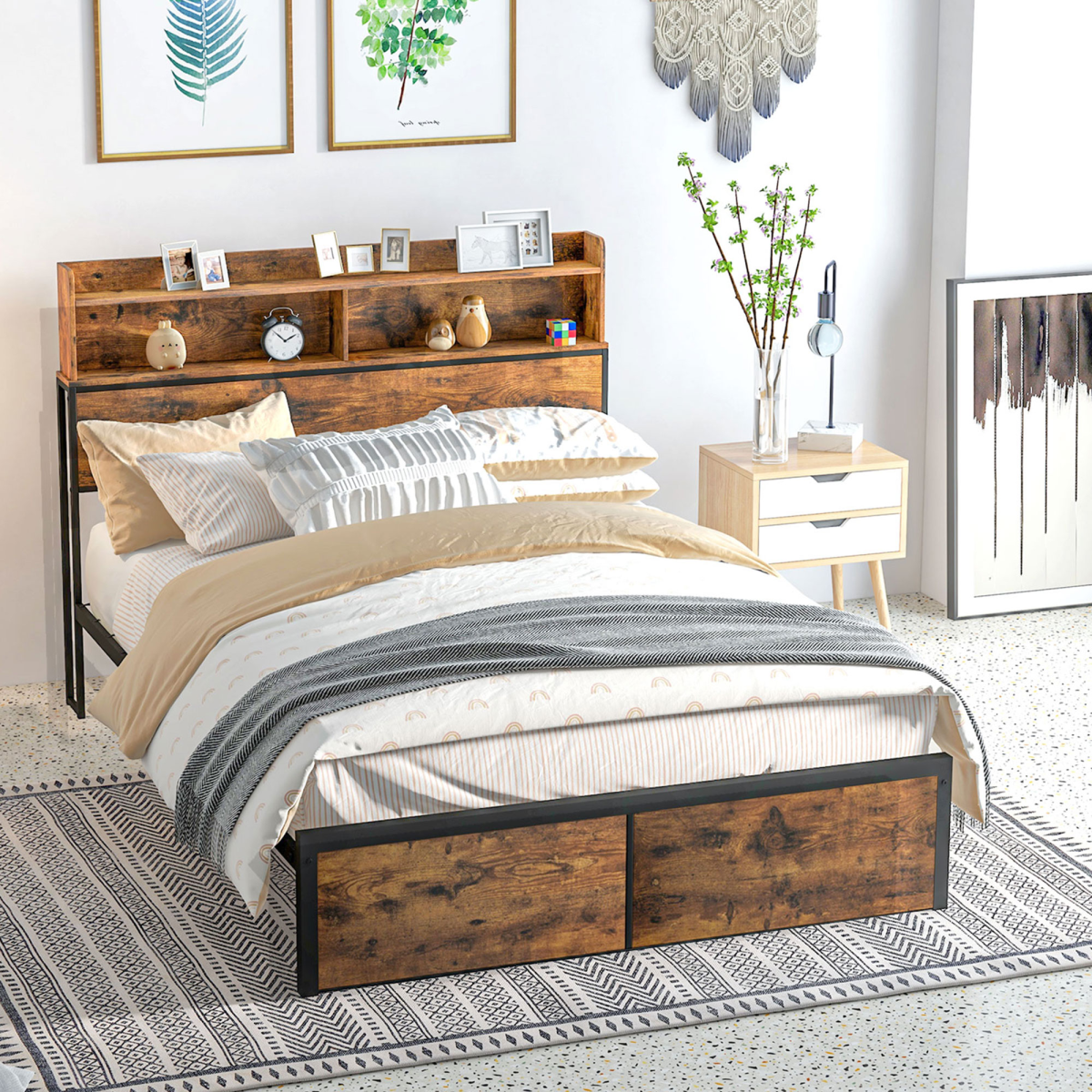 HOMCOM 4.8FT Double Bed Frame with Storage Headboard and Under Bed Storage