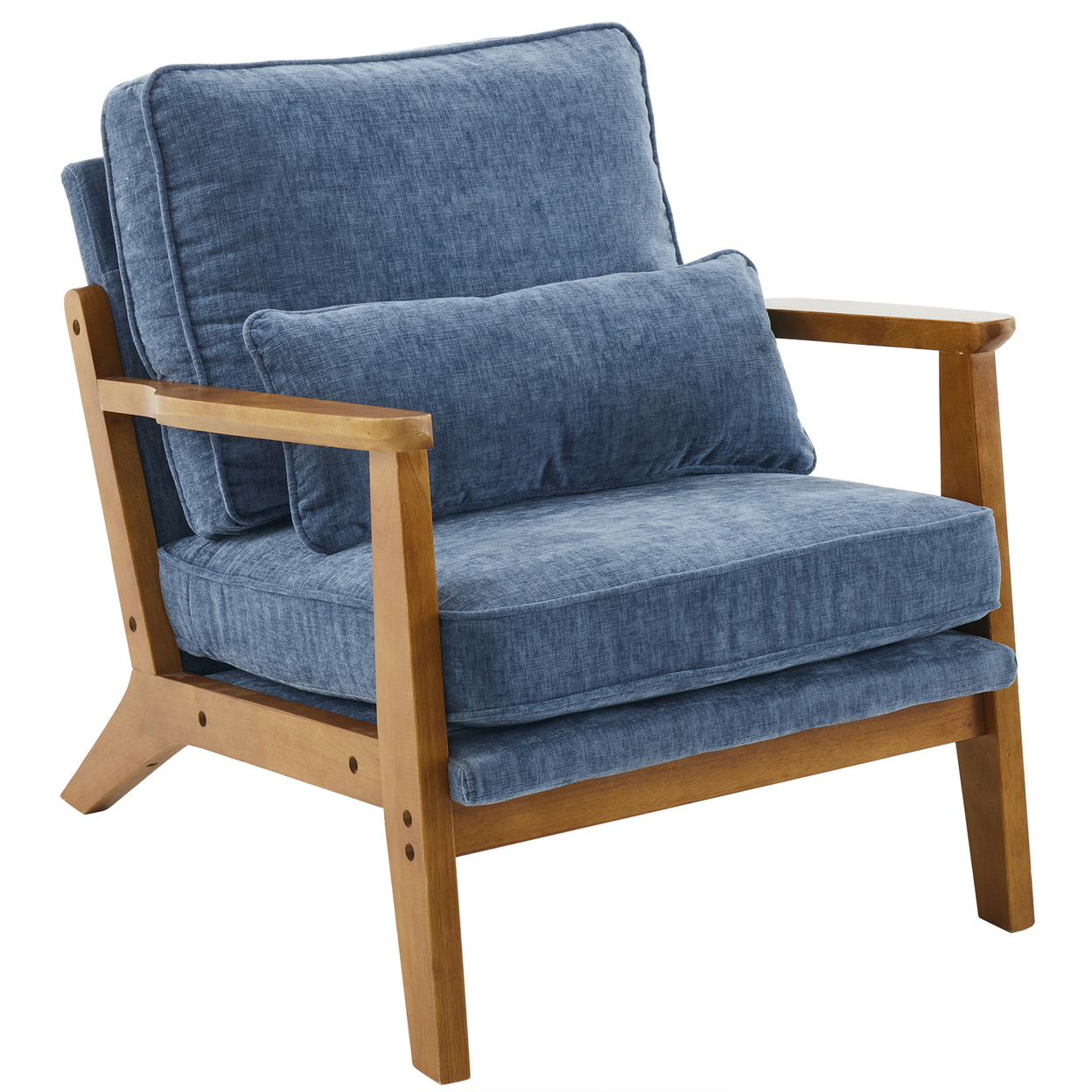 Mid-Century Oak Accent Chair - Deep Navy Blue Chenille Upholstered Single Lounge Chair, Sturdy Wood Frame Indoor Armchair (330LBS Weight Capacity)