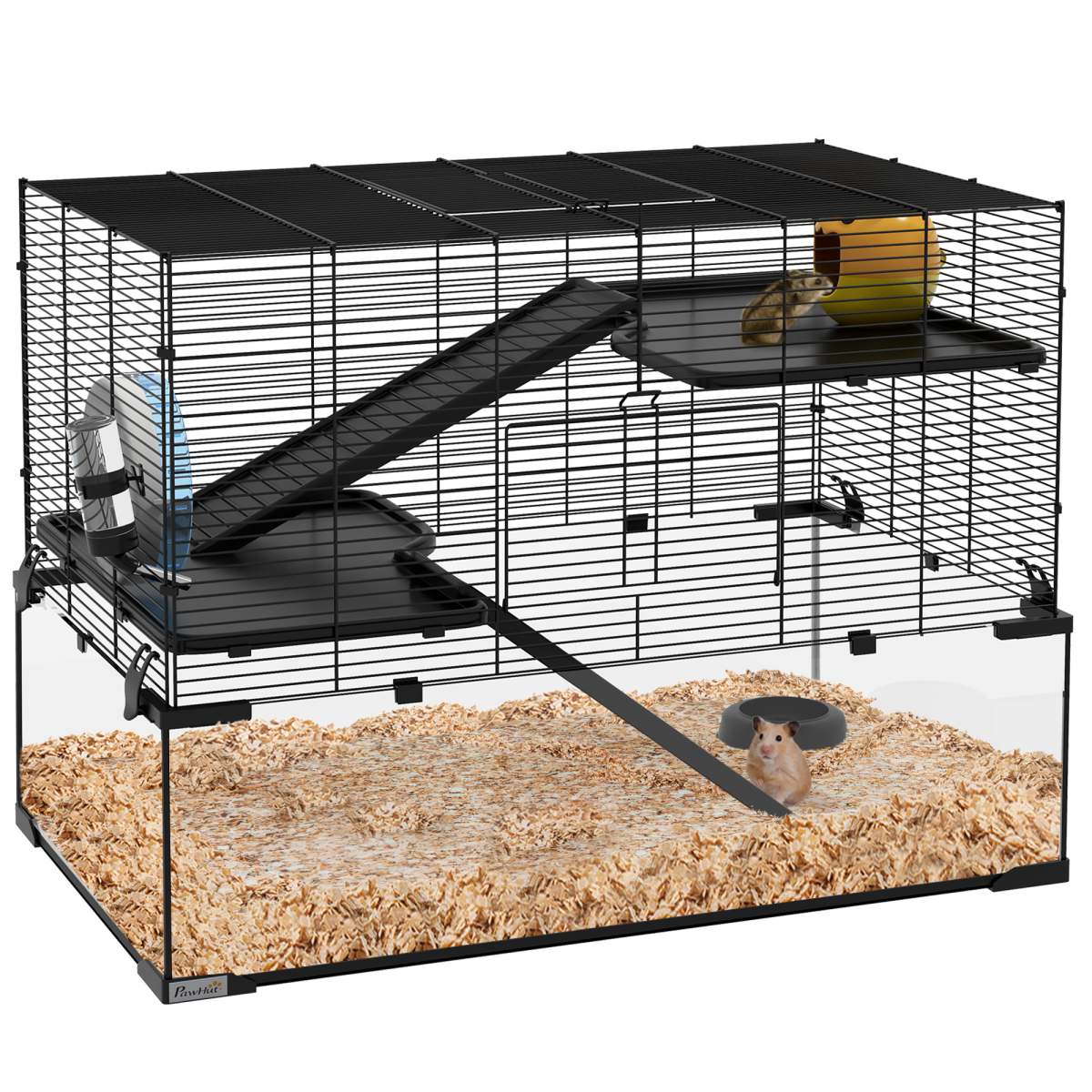 3 Tiers Hamster Cage w/ Deep Glass Bottom, Dish, Hut, 78.5 x 48.5 x 57cm
