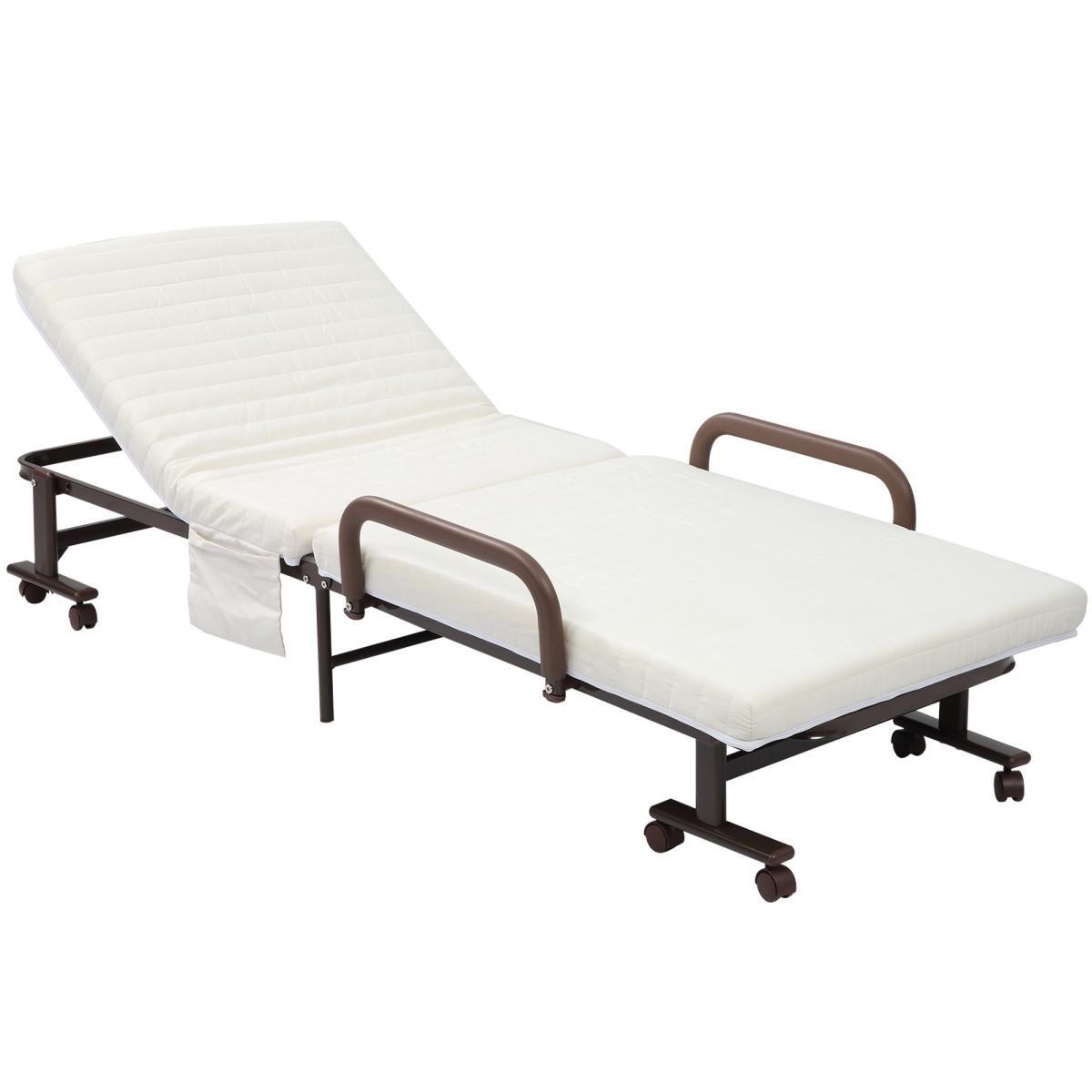 Folding Bed with Mattress & Wheels, Adjustable Backrest, Brown