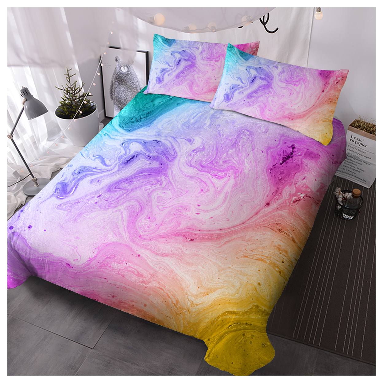 Girly Duvet Cover Rainbow Glitter Ombre Bedding Sets 3 Pcs Chic Unicorn Pink Purple Blue Green Pastel Bed Spreads Sparkle Quilt Cover Set with 2 Pillow Shams (Double)