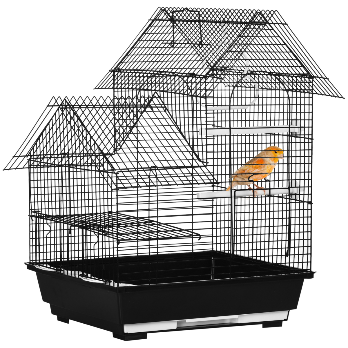 Metal Bird Cage w/ Plastic Perch, Food Container, Swing Ring, Handle - Black
