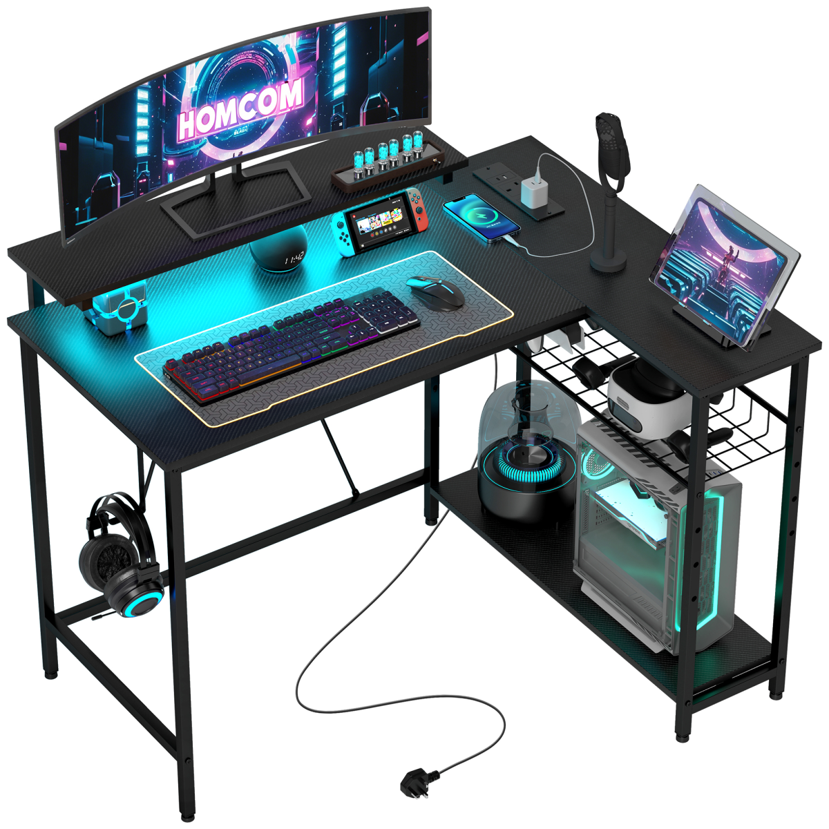 HOMCOM L Shaped Desk with LED Lights Reversible Corner Gaming Desk with Storage