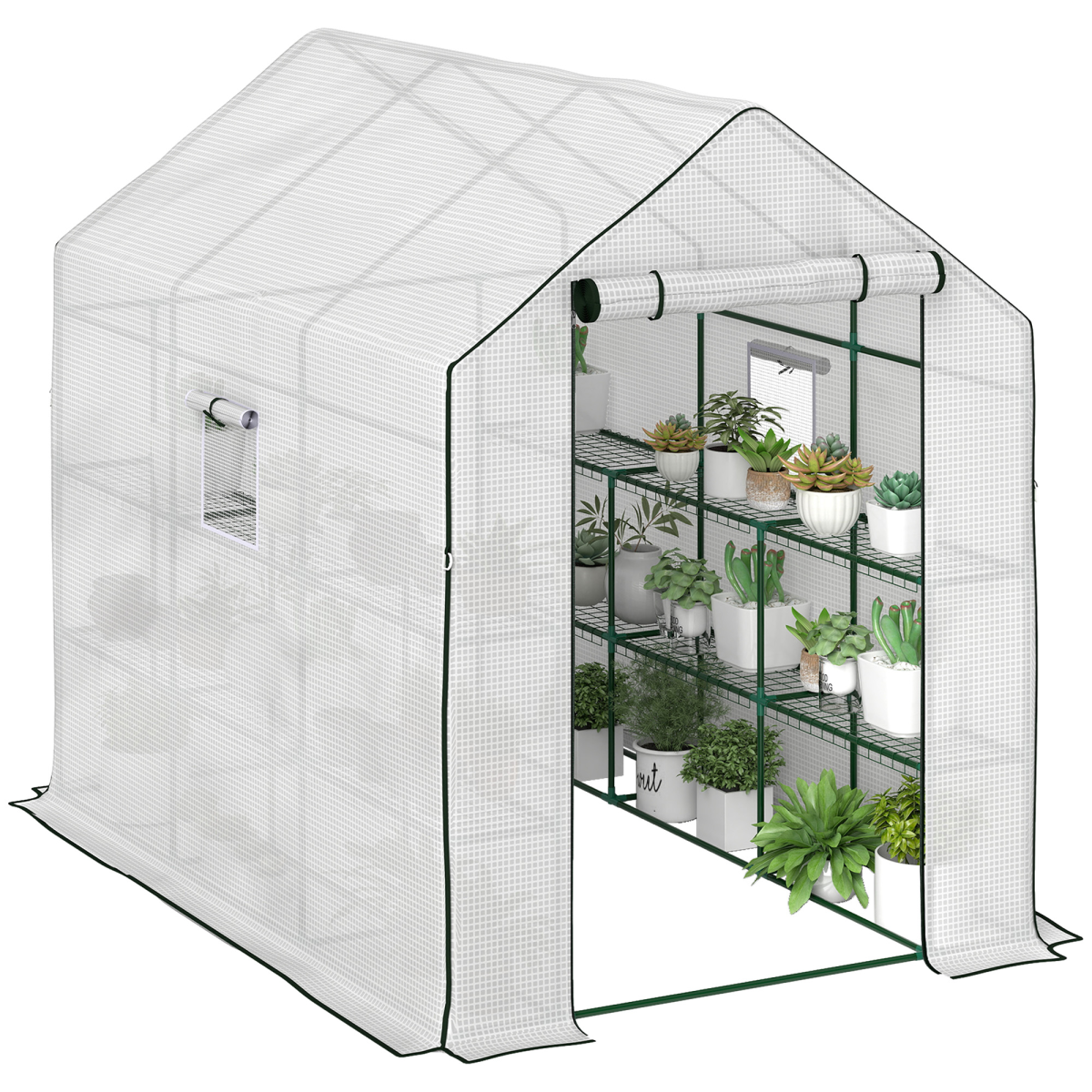 Outsunny Walk-in Outdoor Green House with Door and Mesh Windows, White