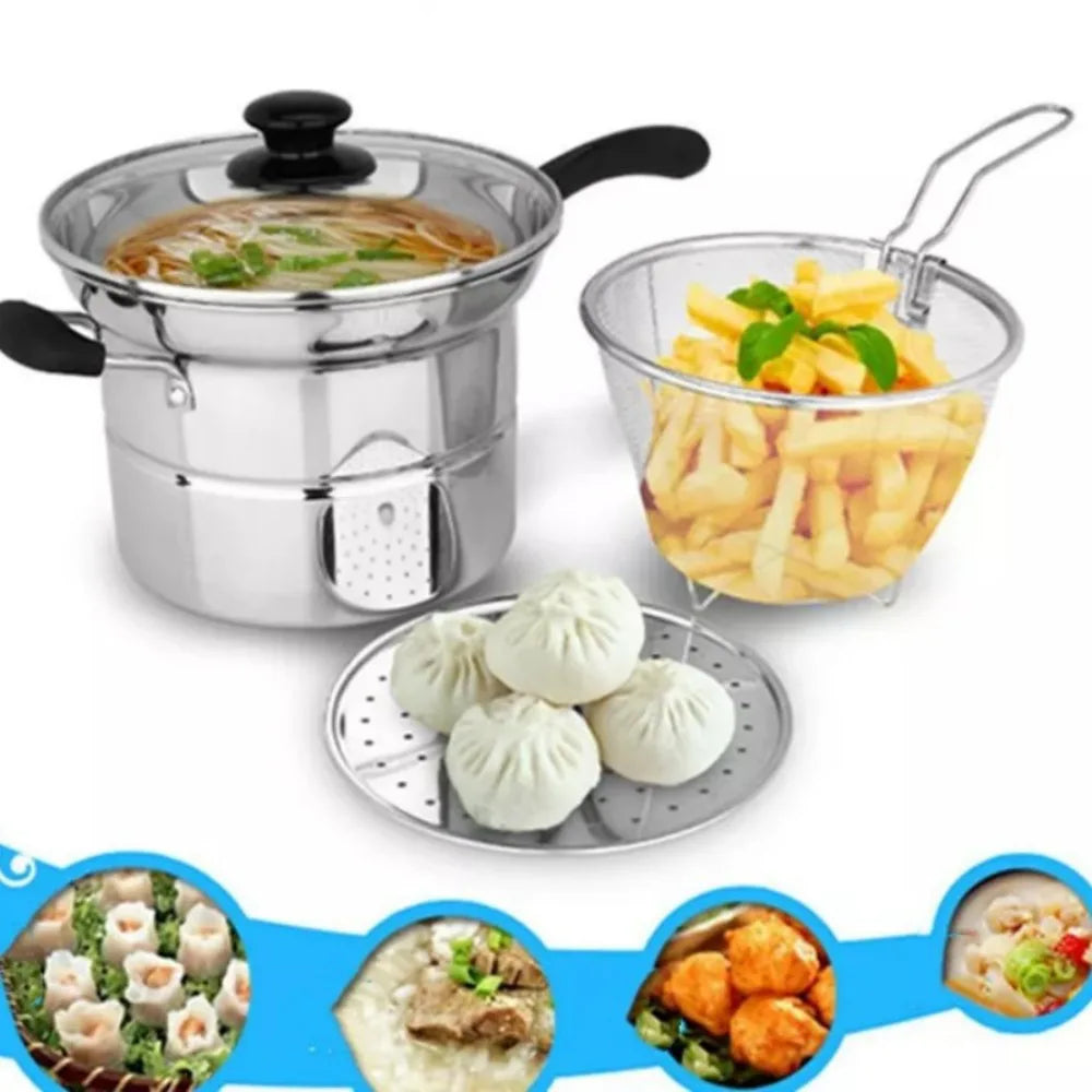 4pc Non Stick Chip Pan Deep Fat Fryer Cooking Noodle Soup Pot Frying Basket&Lid