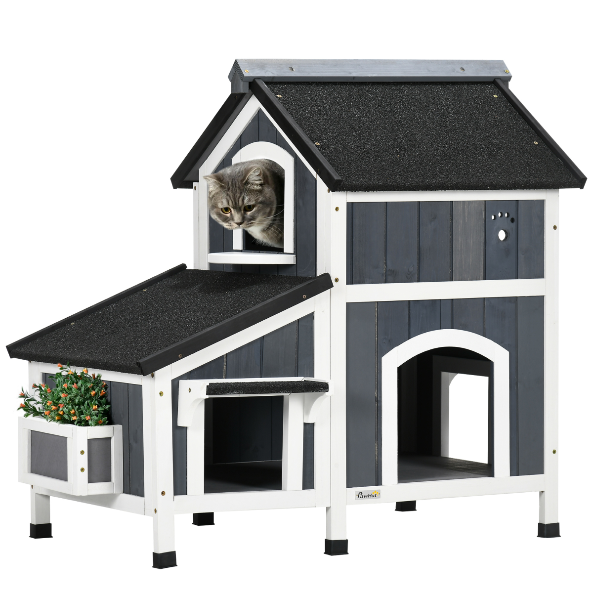 PawHut�Wooden�Cat�House�Outdoor w/ Flower Pot,�Window, Multiple�Entrances