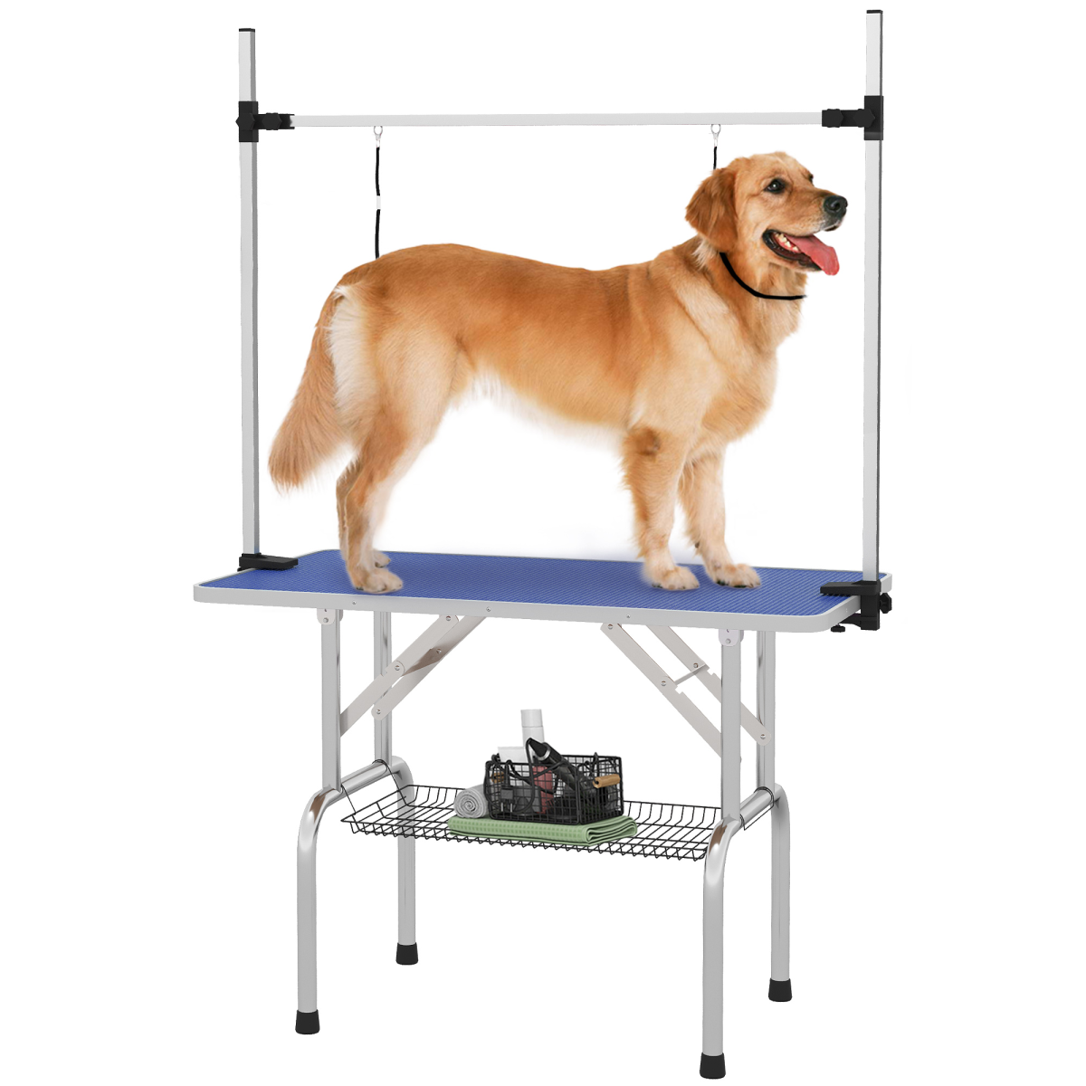 Metal Adjustable Dog Grooming Table Rubber Top 2 Safety Slings Mesh  Pawhut