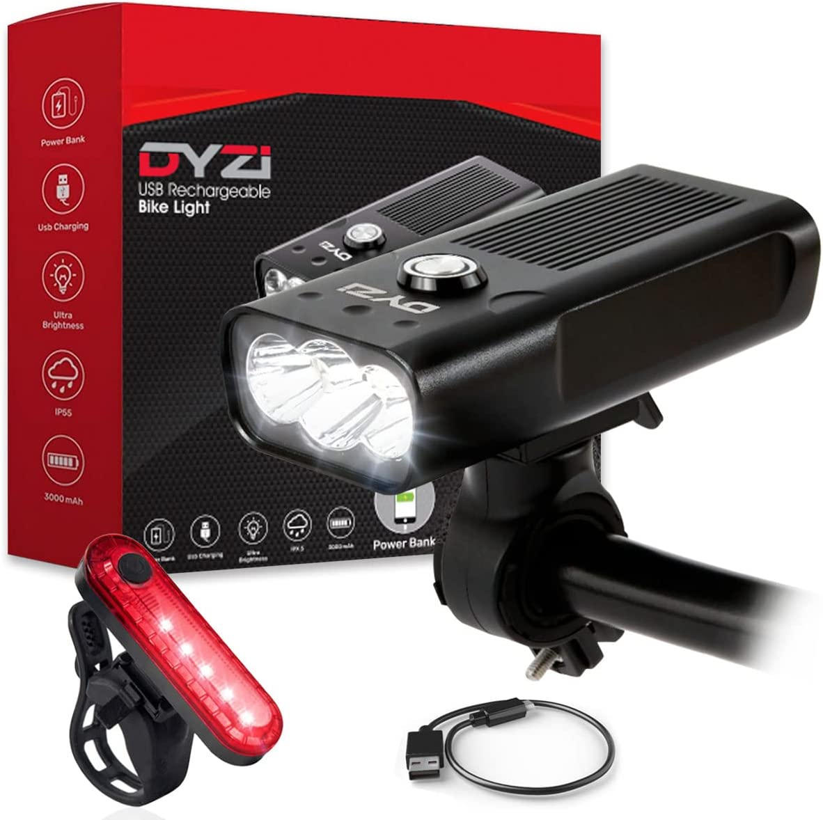 USB Rechargeable bike lights Set-Super Bright Front LED Bicycle Light sets-Water Resistant Tail Light Easy to Fit & Mount-Built in Powerbank for charging devices