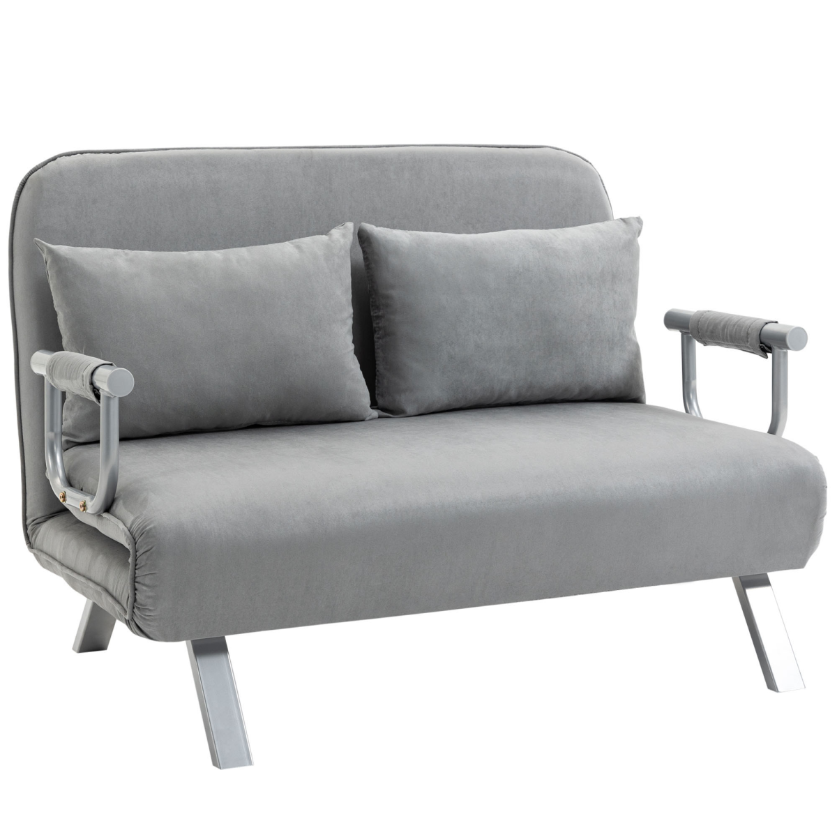 HOMCOM Fabric Convertible 2 Seater Sofa Bed w/ 2 Pillows, Light Grey