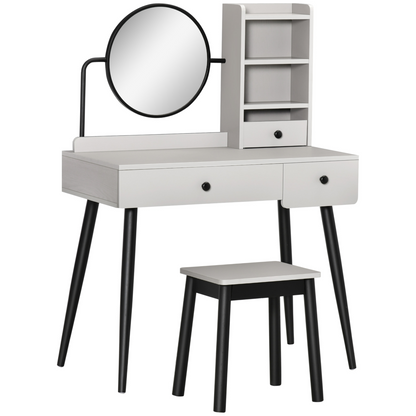 Dressing Table Set with 3 Drawers, Storage shelves and Stool, Grey