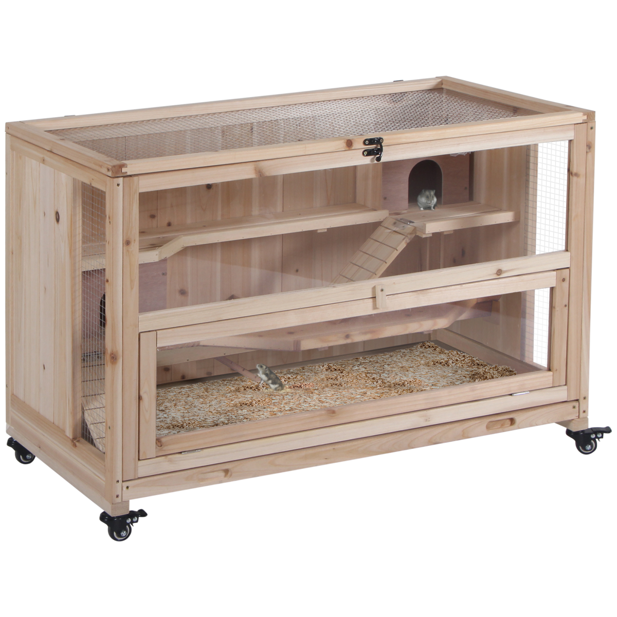 3-Tier Wooden Hamster Cage, Roden Small Animals Hutch, Ladders, Natural Wood