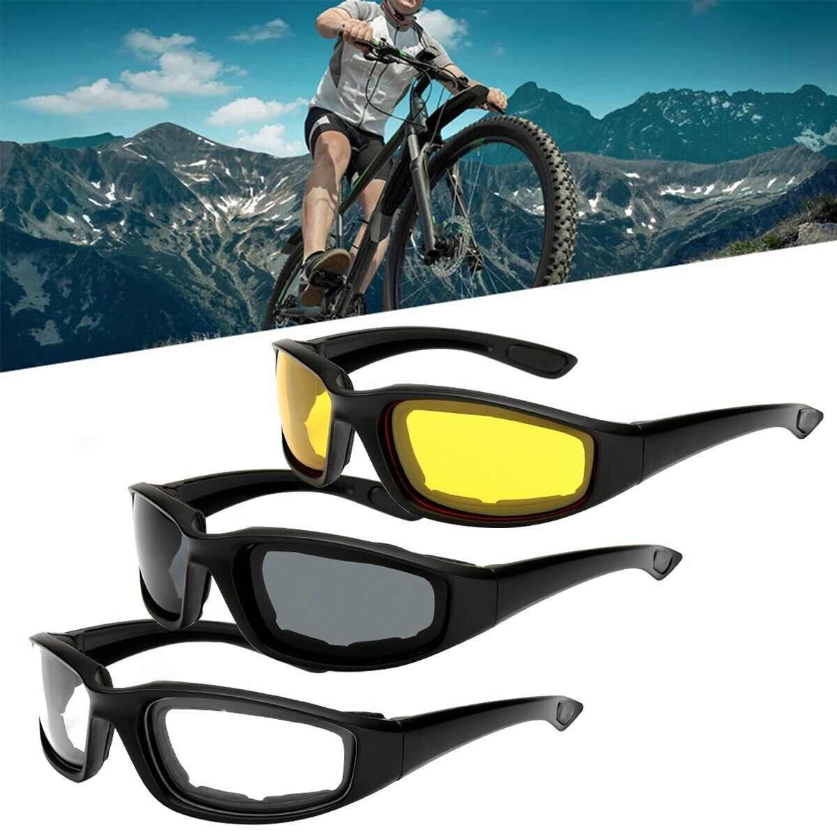 3 pairs  Motorcycle Sports Biker Riding Glasses Wind Resistant Eye Protection Women Men Sports Goggles Cycling Glasses Sunglasses Gray/Clear/Yellow