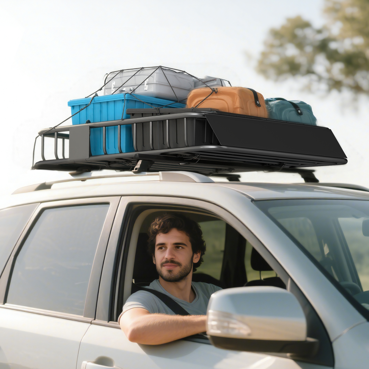 Roof luggage rack basket tray