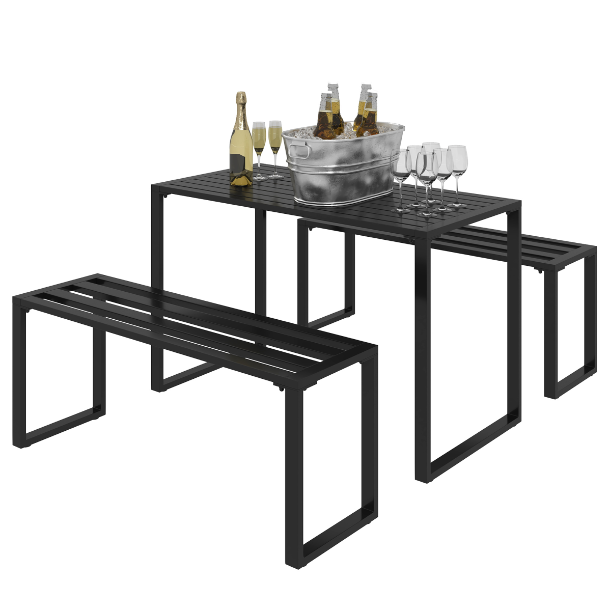 Outsunny 3 Pcs Metal Table W/Bench Set-Black