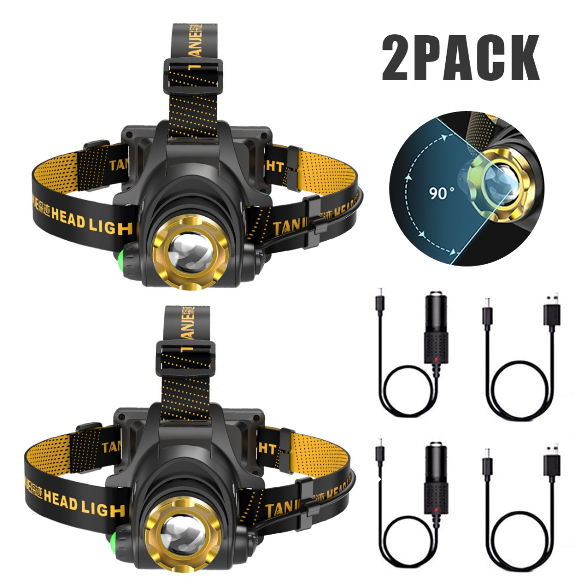 (2 Pack) USB Rechargeable LED Headlamp 3 Modes Head Torch Zoomable Headlight+Car Charger+USB Cable