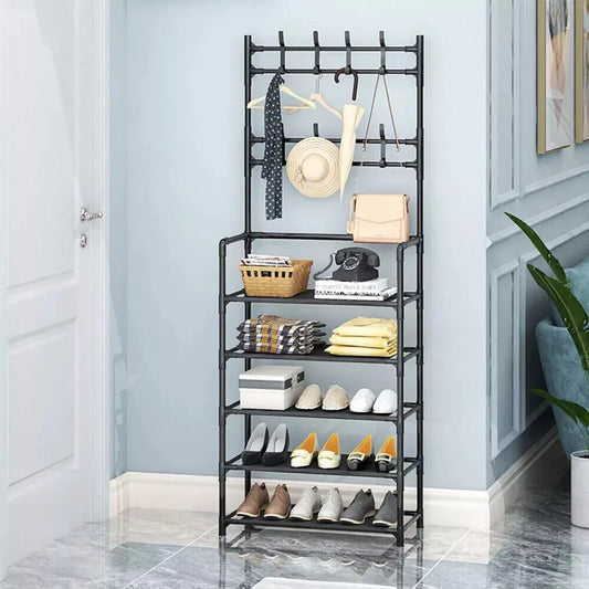 New Coat and Hat Stand 8 Hooks Metal Shoe Rack 5 Tiers Shelf Hanger Black