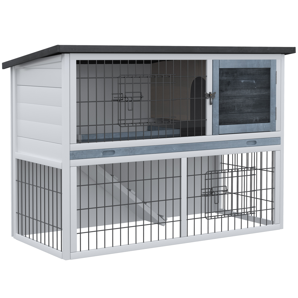 Rabbit Hutch and Run w/ Removable Tray Openable Top for Indoors & Outdoors Grey