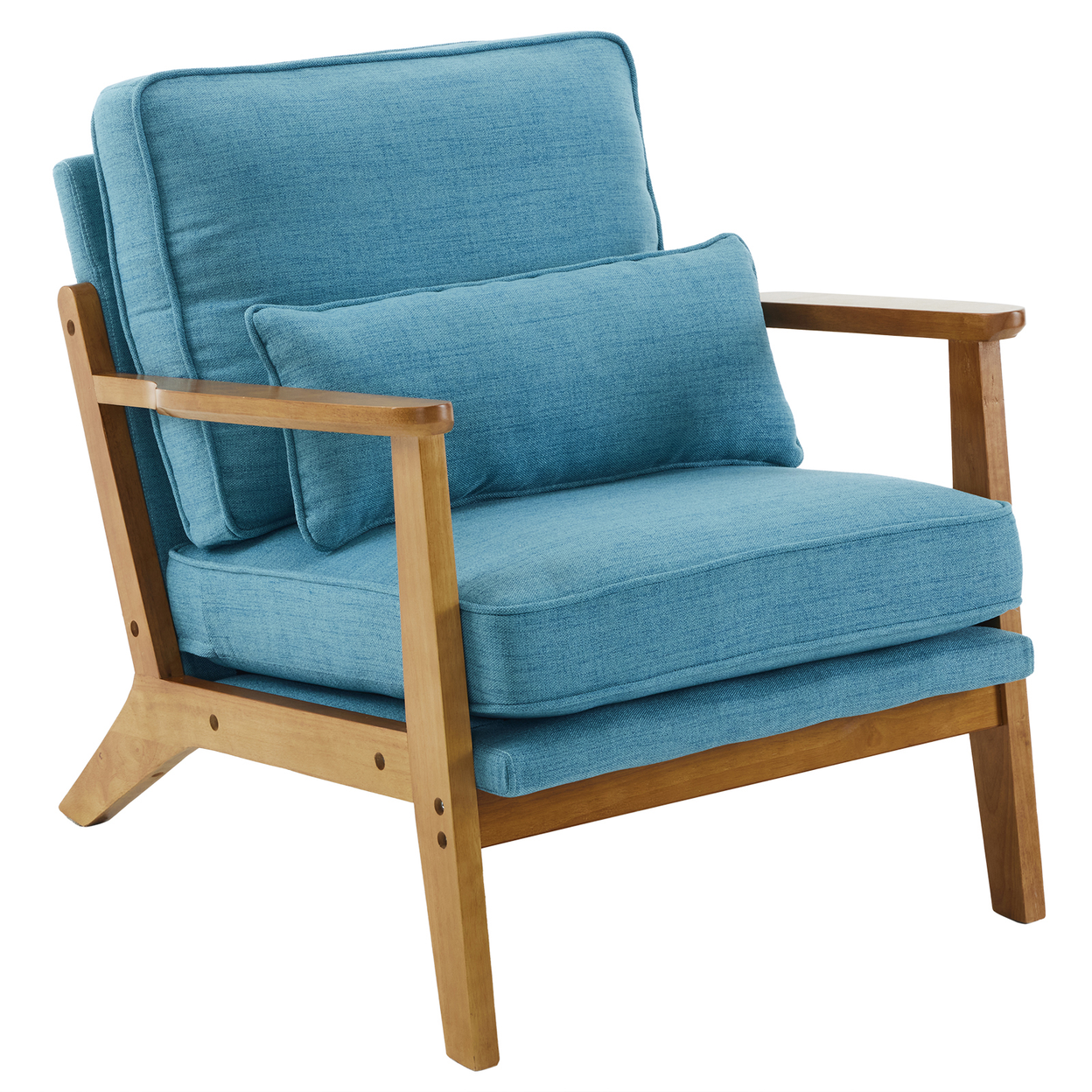 Mid-Century Oak Accent Chair - Linen-Cotton Navy Blue Upholstered Single Lounge Chair, Indoor Armchair with Sturdy Wood Frame (330LBS Weight Capacity)