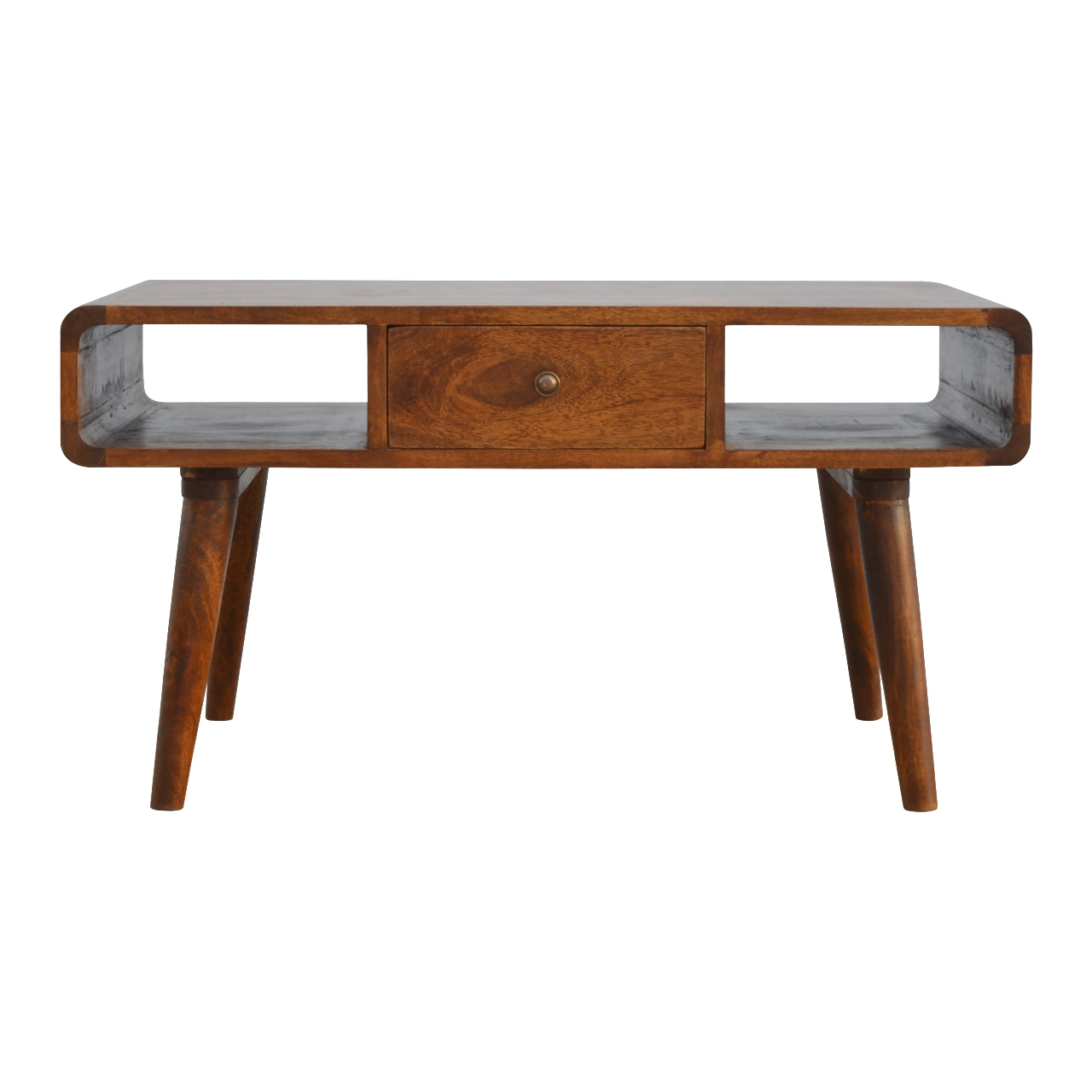 Artisan Furniture Solid Wood Curved Chestnut Coffee Table, 2 Drawers, 2 Open Slots, Dark Brown