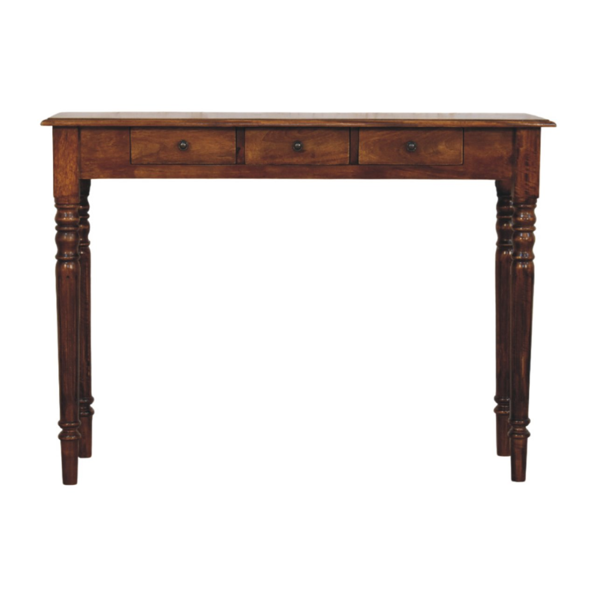 Artisan Furniture Solid Wood Turned Legs 3 Drawer Chestnut Console, Dark Brown