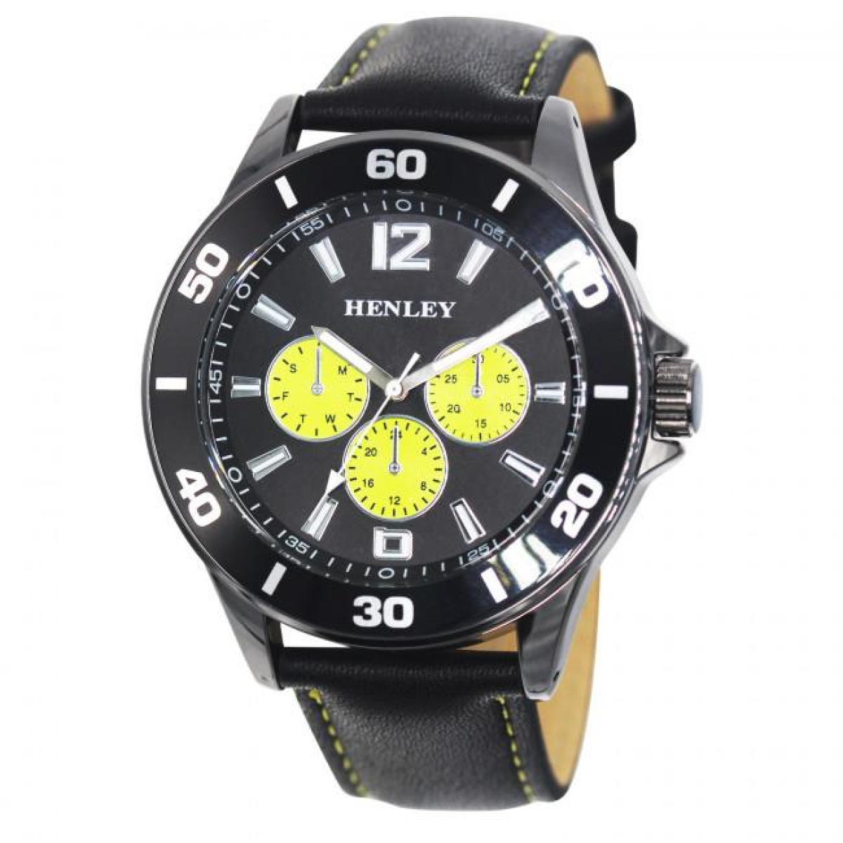 Henley Mens Polished Gun Sports Coloured Stitch Multi Eye Watch Gun/Lime Green H03014.9