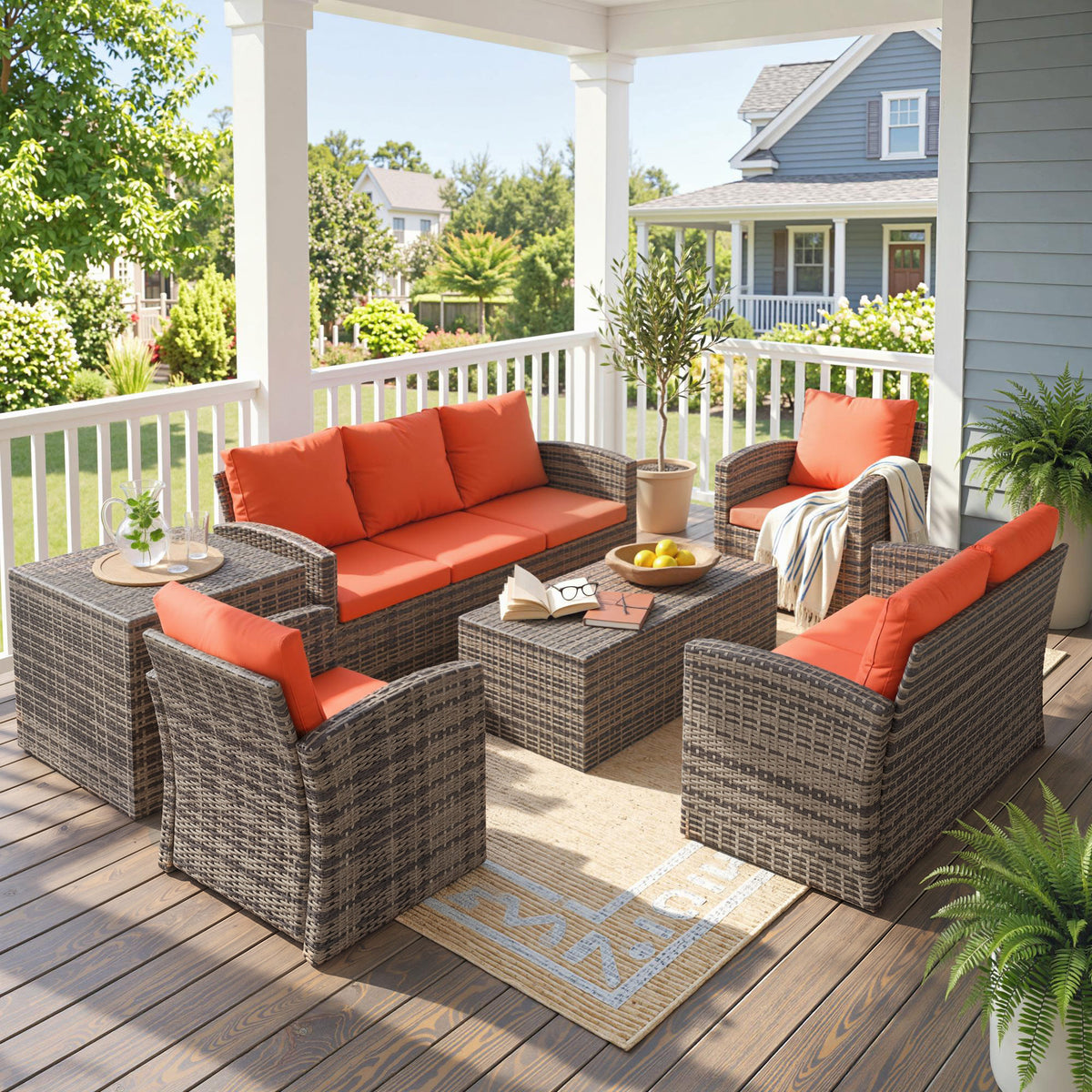 Outsunny 6 Pieces Rattan Garden Furniture Set, 7 Seater Wicker Outdoor Furniture Set with Storage Tea Table & Side Table, Sectional Garden Sofa Set with Cushions, Orange