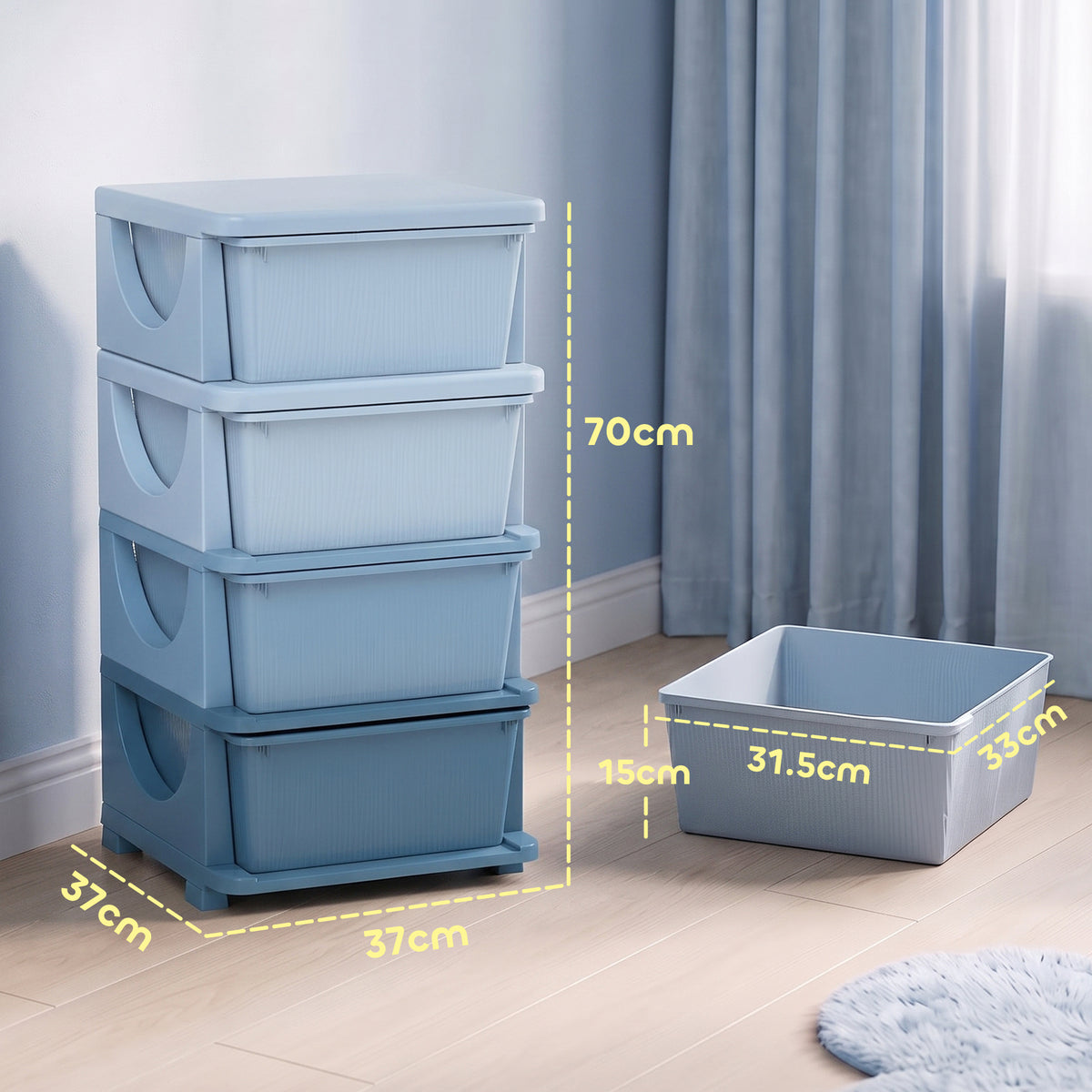 HOMCOM Four-Tier Kids Storage Boxes, with Four Drawers - Blue