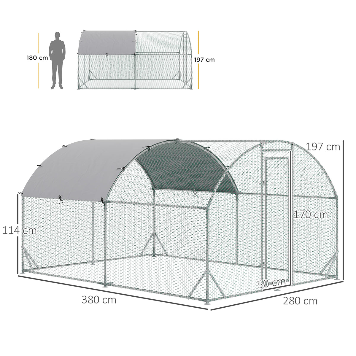 PawHut 2.8 x 3.8 x 2m Walk In Chicken Run Galvanised Chicken Coop with Water-Resist Cover, Silver